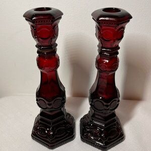 Avon CAPE COD Ruby Red Glass Candlesticks - Pair. VINTAGE